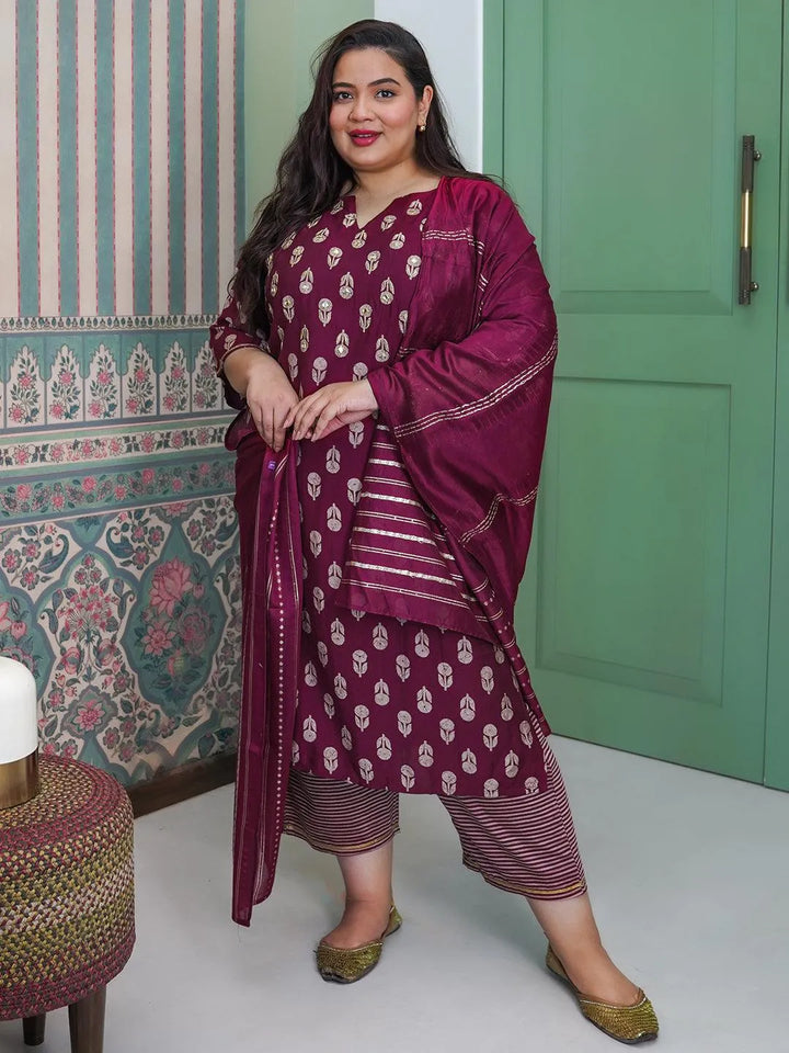 Plus Size Maroon Printed Silk Blend Straight Suit With Dupatta - Libas