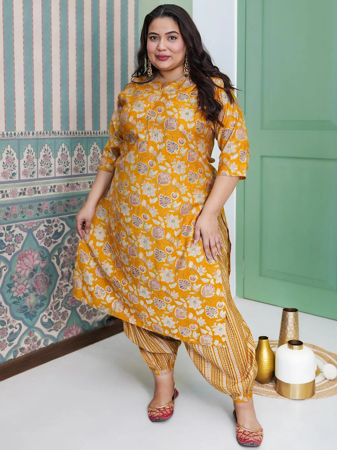Plus Size Yellow Printed Silk Blend Straight Kurta Set - Libas 