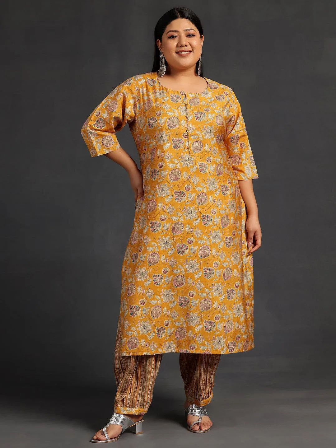 Plus Size Yellow Printed Silk Blend Straight Kurta Set - Libas 