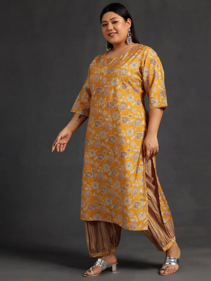 Plus Size Yellow Printed Silk Blend Straight Kurta Set - Libas