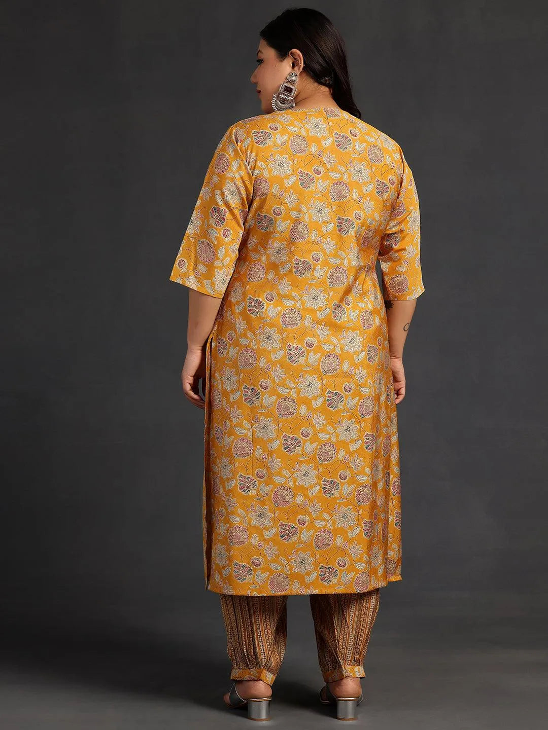 Plus Size Yellow Printed Silk Blend Straight Kurta Set - Libas 