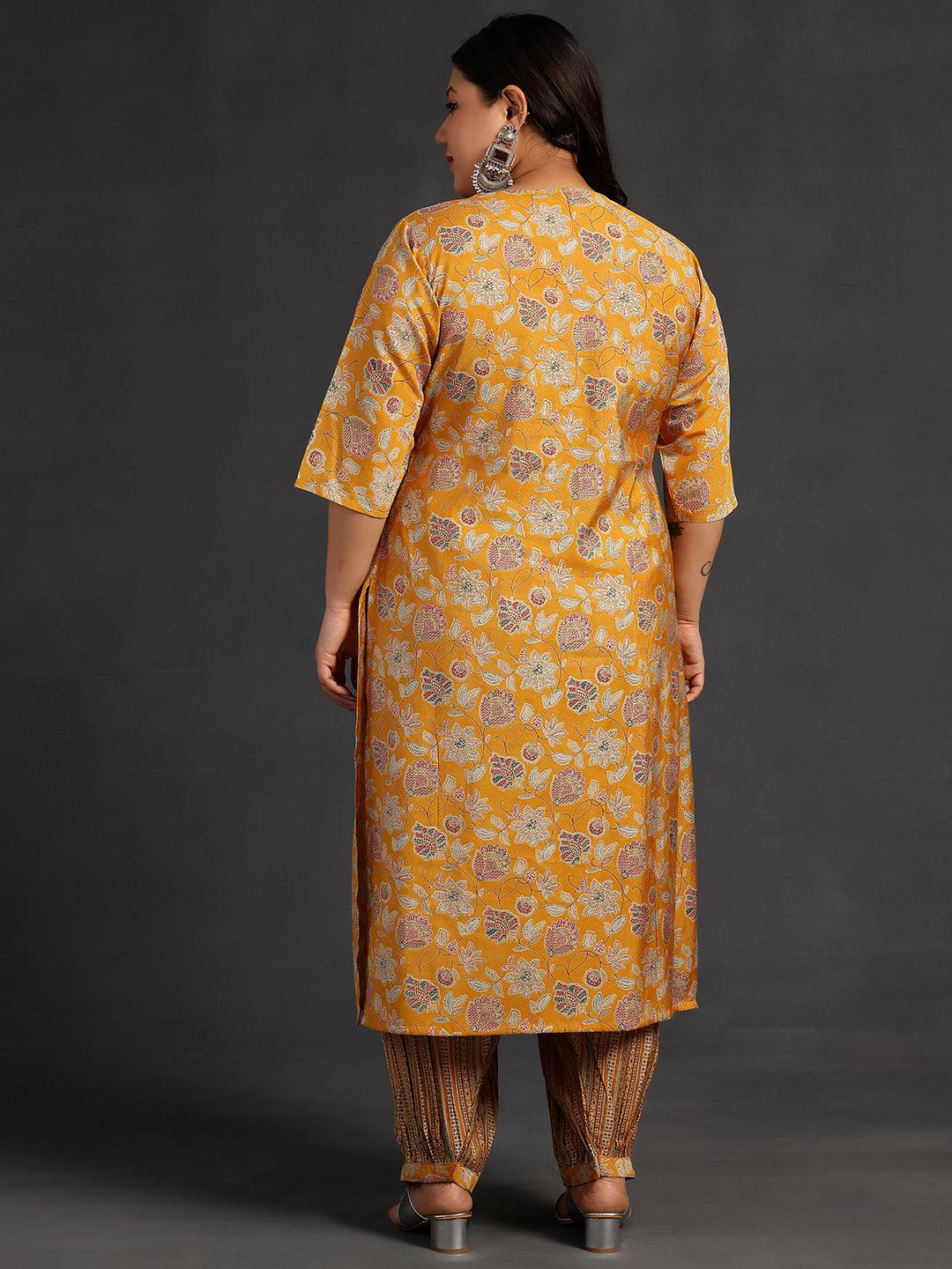 Plus Size Yellow Printed Silk Blend Straight Kurta Set - Libas
