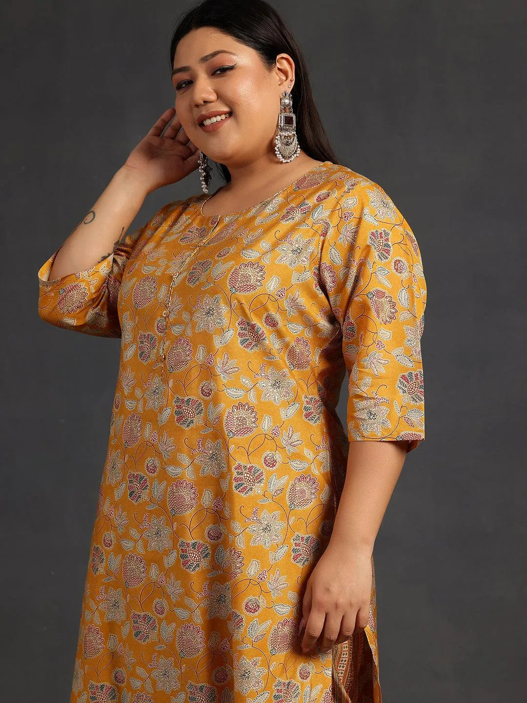 Plus Size Yellow Printed Silk Blend Straight Kurta Set - Libas 