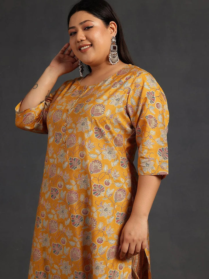 Plus Size Yellow Printed Silk Blend Straight Kurta Set - Libas