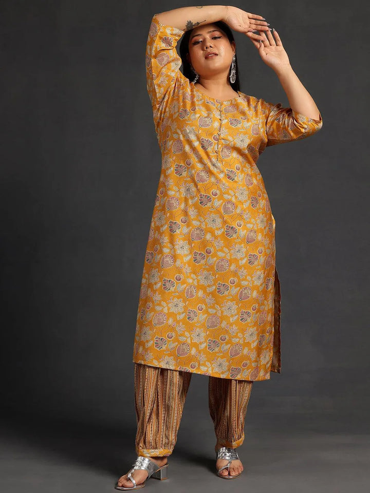 Plus Size Yellow Printed Silk Blend Straight Kurta Set - Libas
