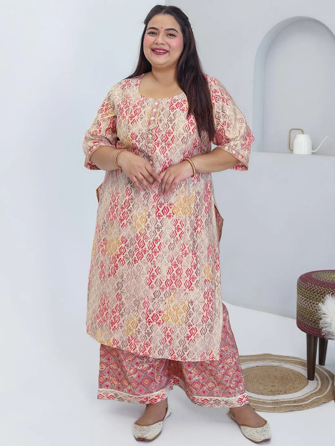 Plus Size Peach Printed Silk Blend Straight Kurta Set - Libas 