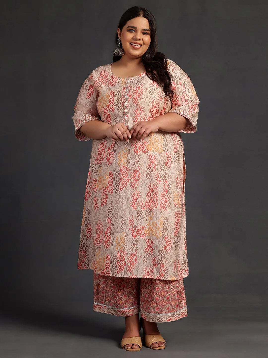 Plus Size Peach Printed Silk Blend Straight Kurta Set - Libas 
