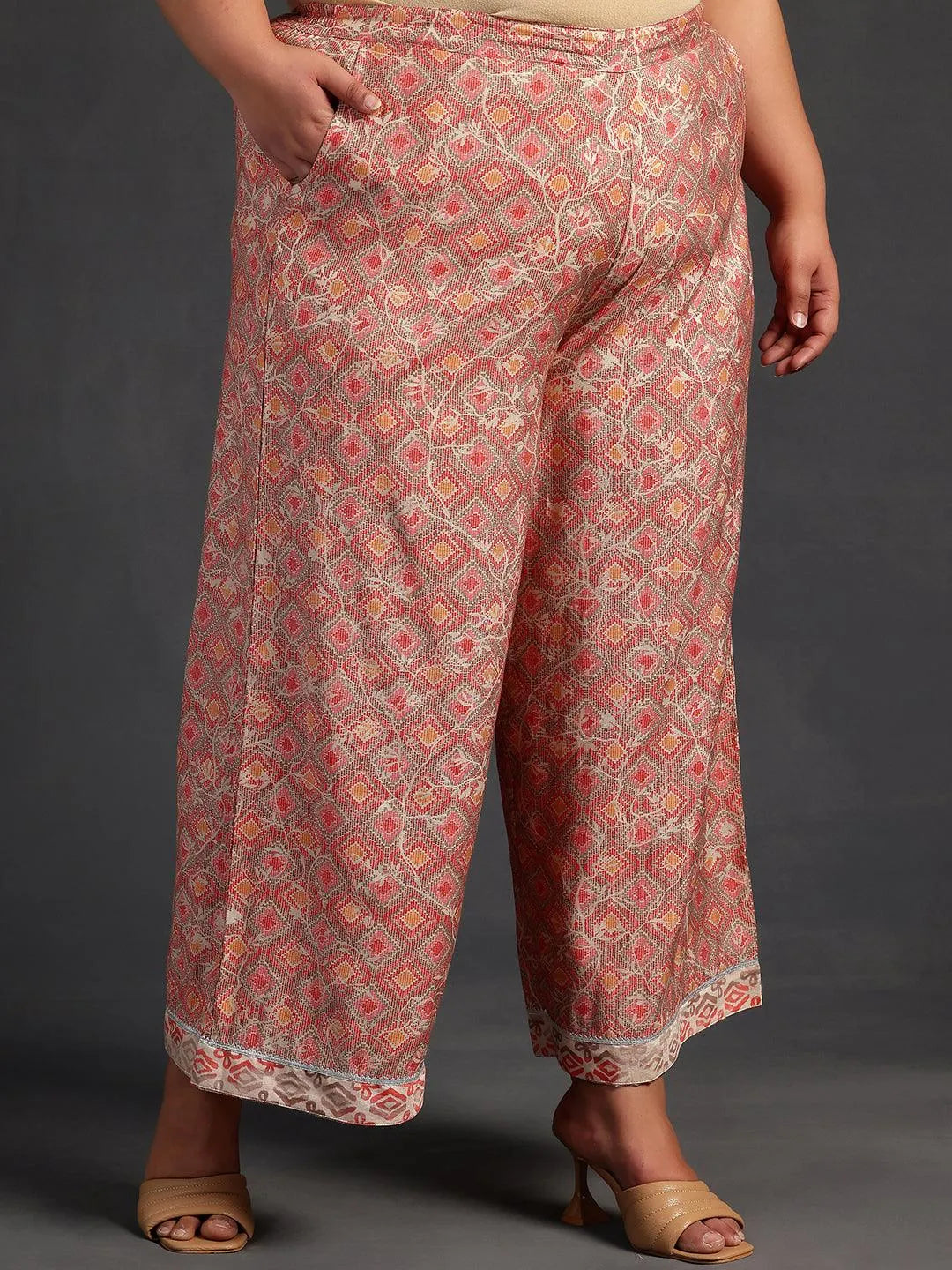 Plus Size Peach Printed Silk Blend Straight Kurta Set - Libas 