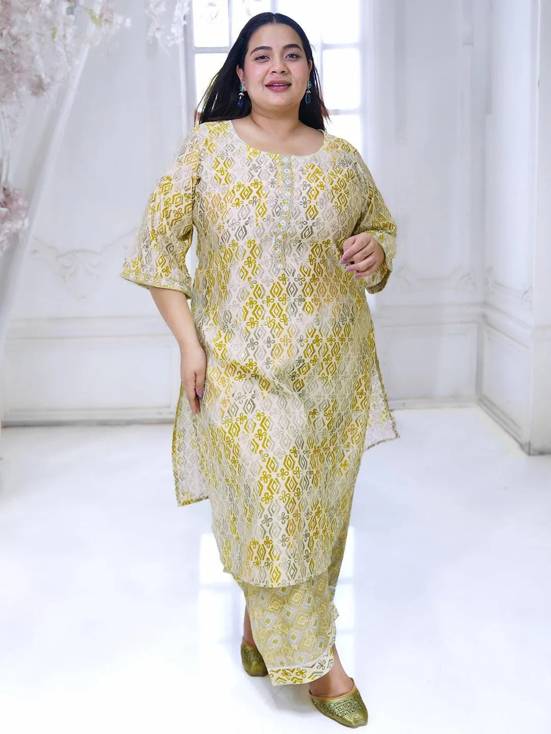 Plus Size Green Printed Silk Blend Straight Kurta Set - Libas 