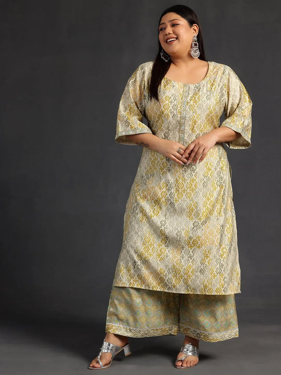 Plus Size Green Printed Silk Blend Straight Kurta Set - Libas 