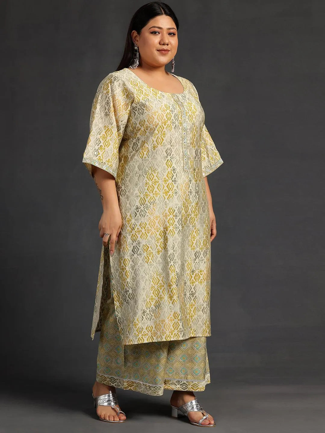 Plus Size Green Printed Silk Blend Straight Kurta Set - Libas 