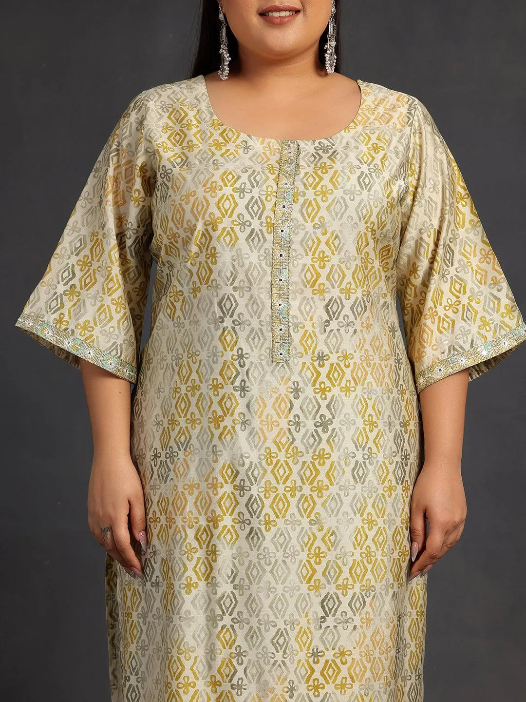 Plus Size Green Printed Silk Blend Straight Kurta Set - Libas 