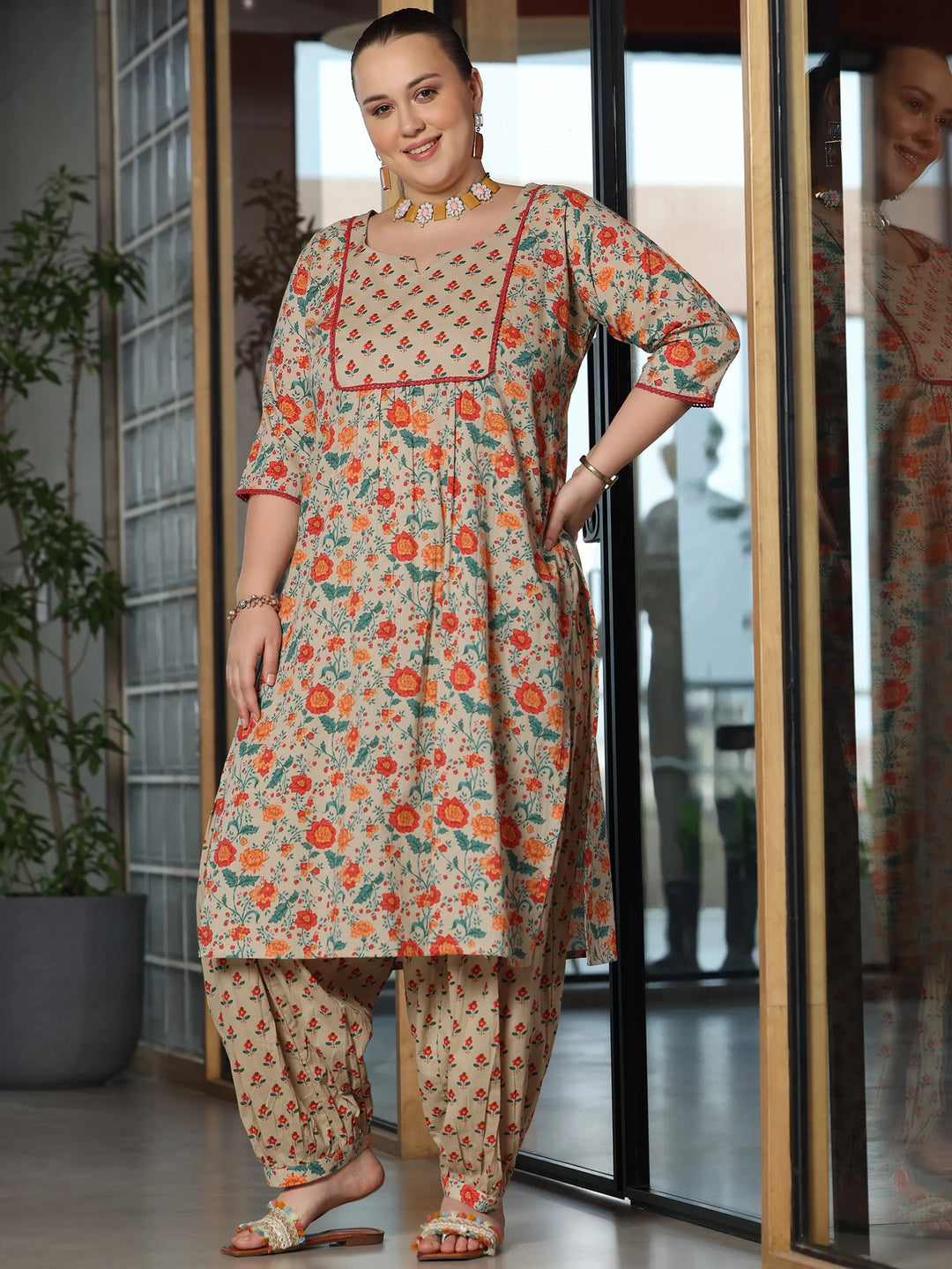  Plus Size Beige Printed Cotton Straight Kurta Set 