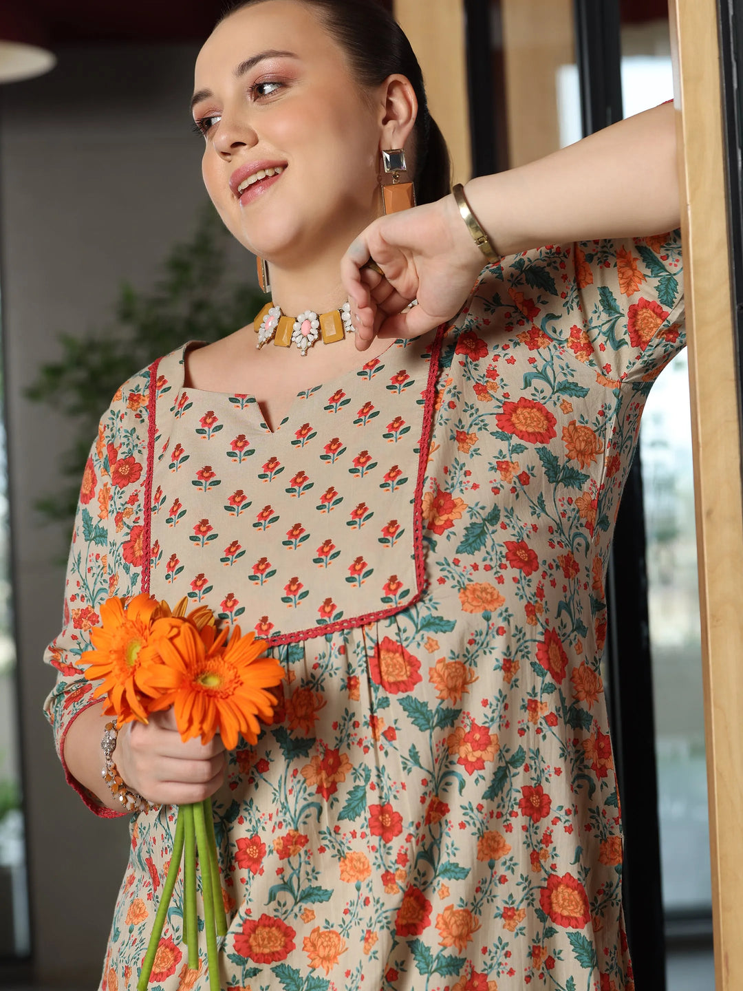  Plus Size Beige Printed Cotton Straight Kurta Set 
