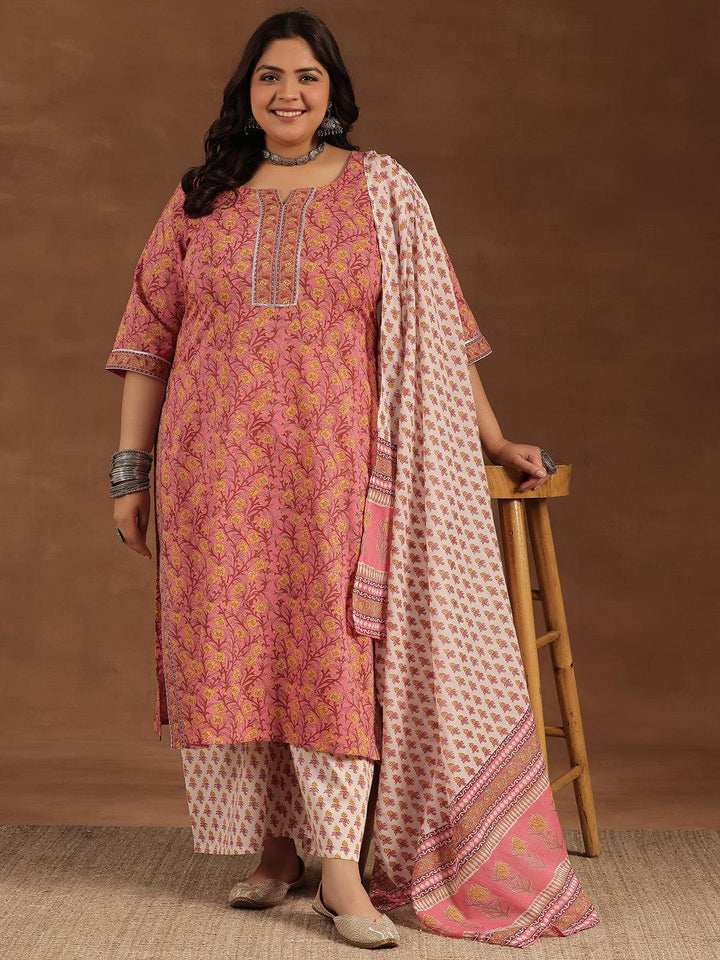 Plus Size Pink Printed Cotton Straight Suit With Dupatta - Libas