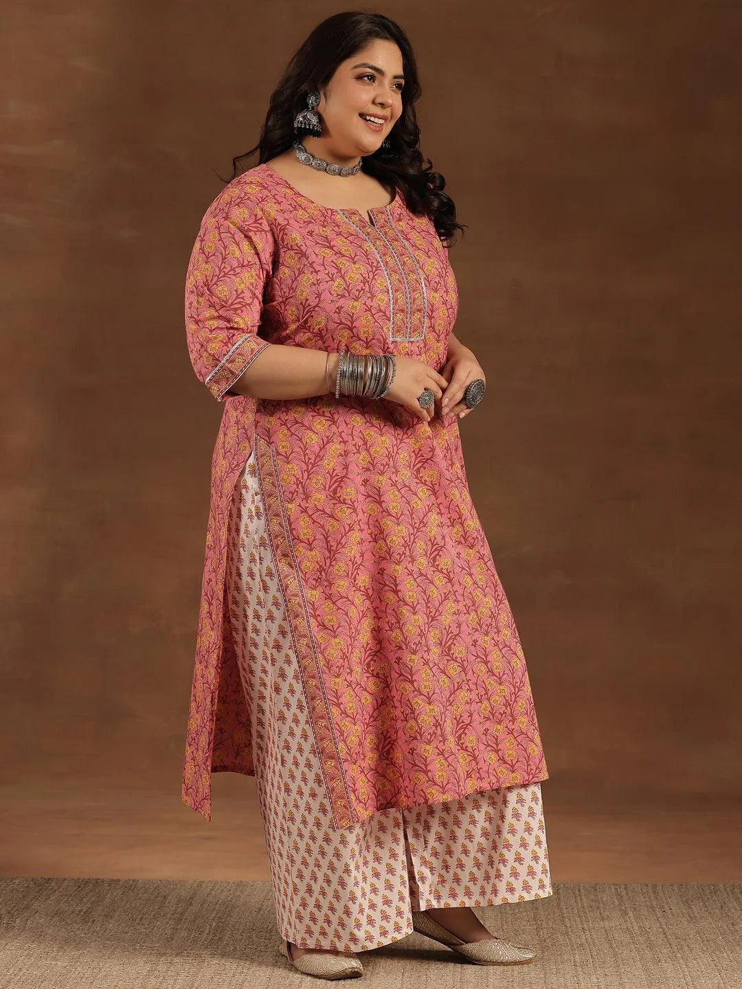 Plus Size Pink Printed Cotton Straight Suit With Dupatta - Libas 