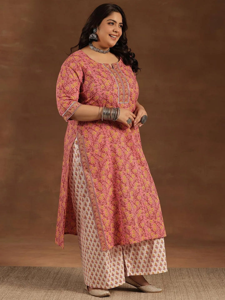 Plus Size Pink Printed Cotton Straight Suit With Dupatta - Libas