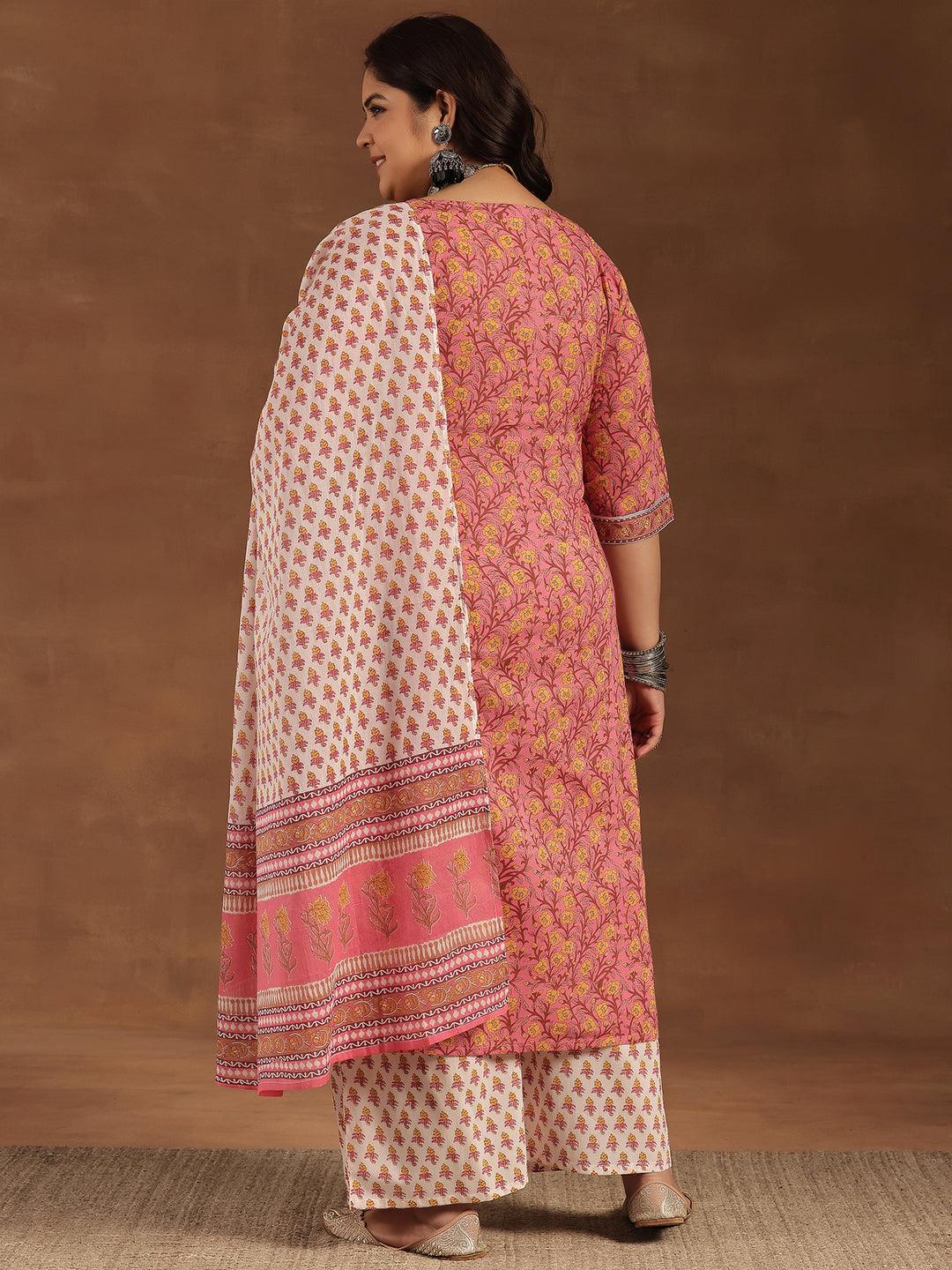 Plus Size Pink Printed Cotton Straight Suit With Dupatta - Libas