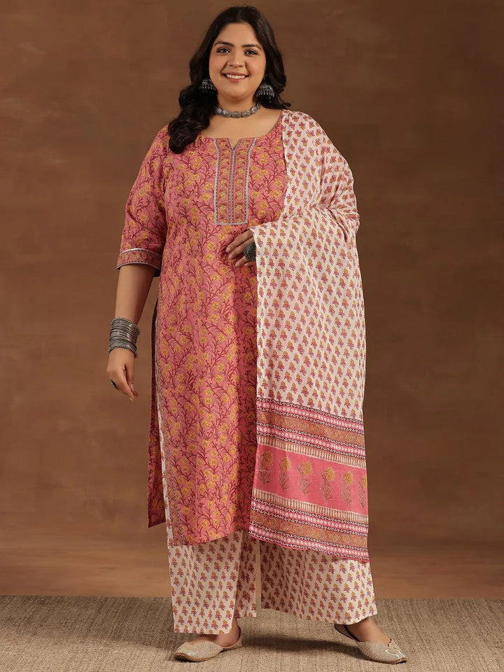 Plus Size Pink Printed Cotton Straight Suit With Dupatta - Libas