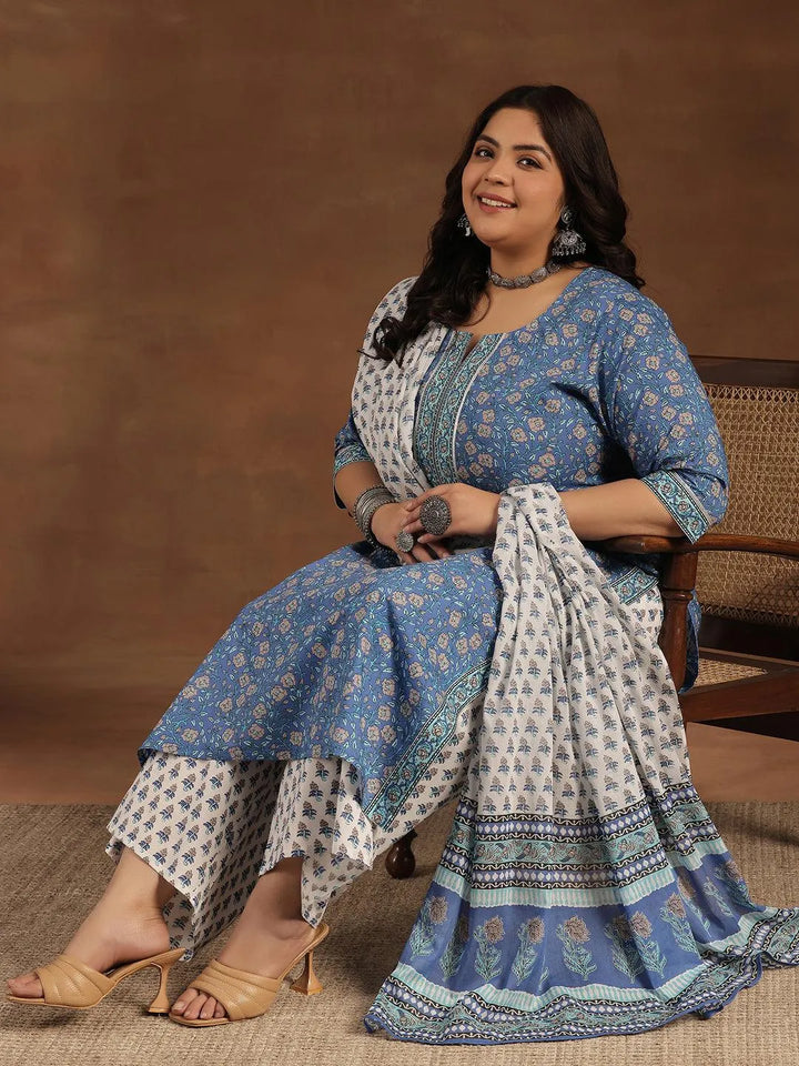 Plus Size Blue Printed Cotton Straight Suit With Dupatta - Libas