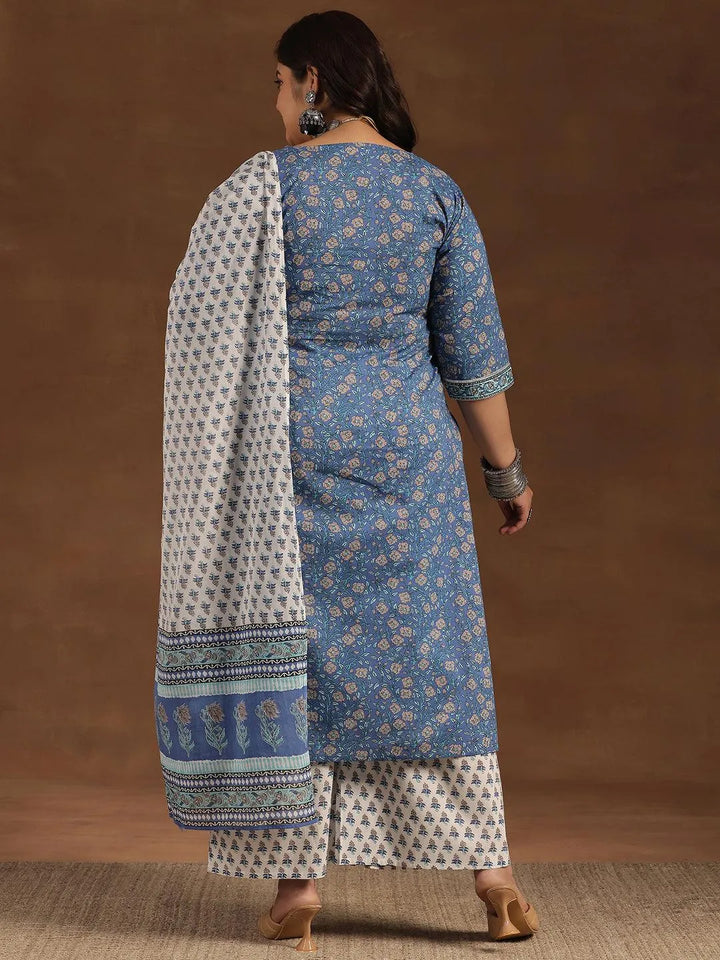 Plus Size Blue Printed Cotton Straight Suit With Dupatta - Libas