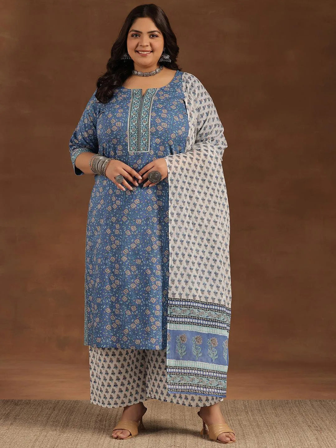 Plus Size Blue Printed Cotton Straight Suit With Dupatta - Libas 