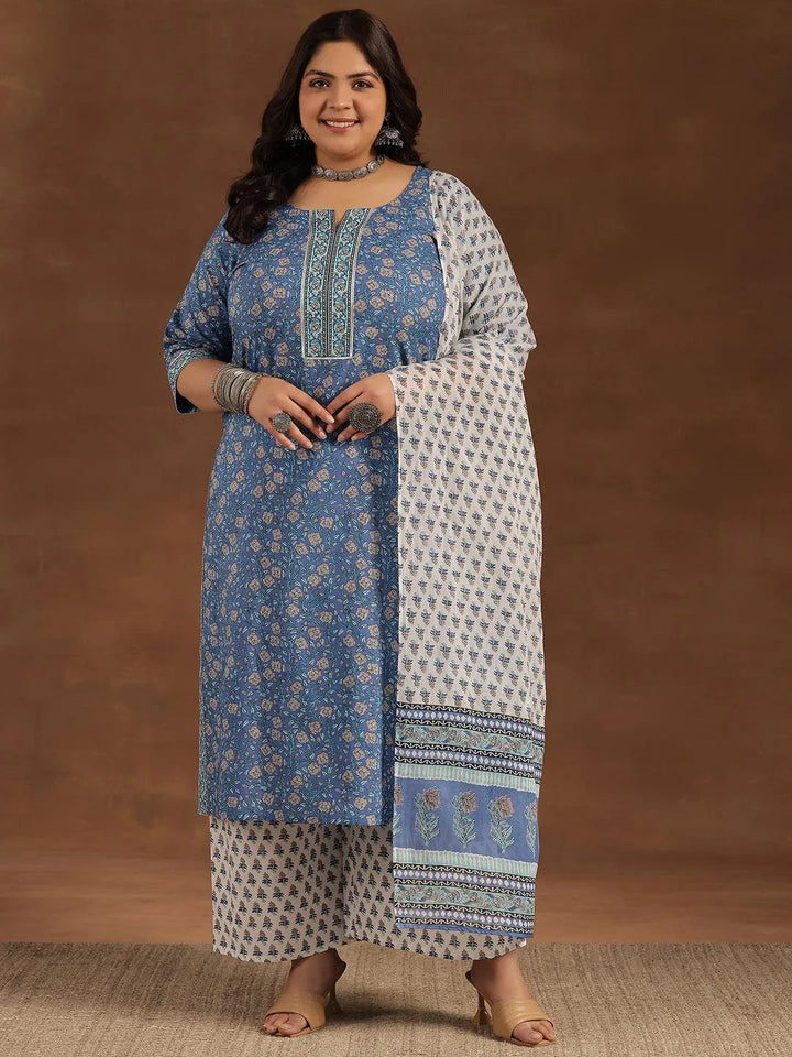 Plus Size Blue Printed Cotton Straight Suit With Dupatta - Libas