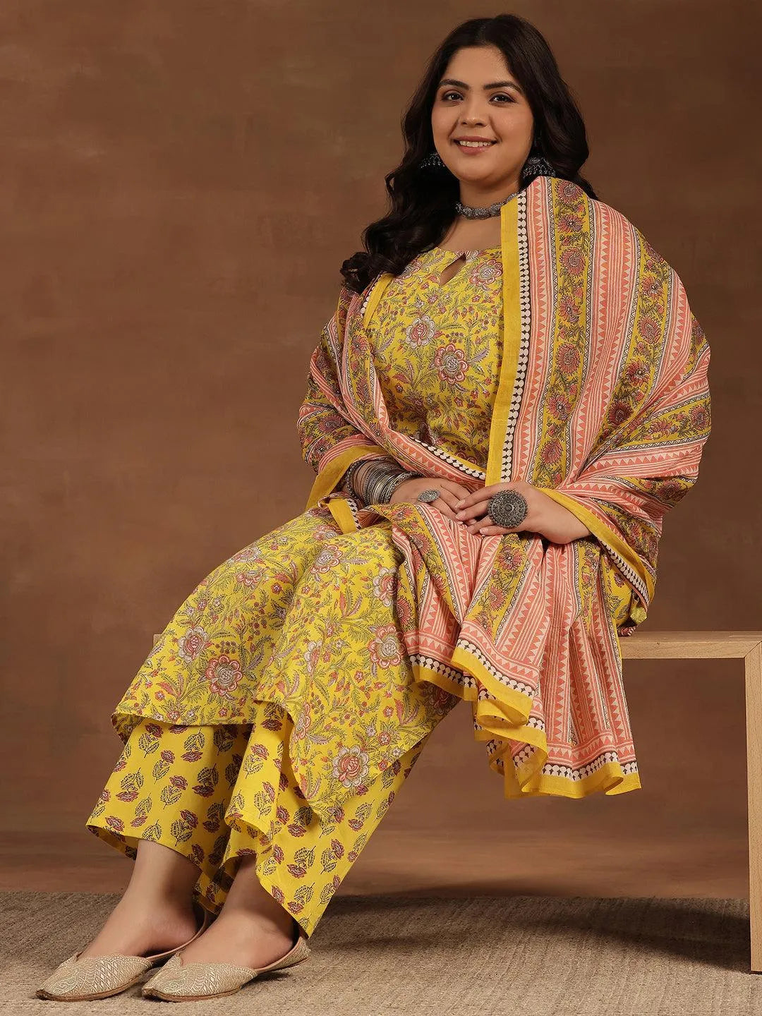 Plus Size Yellow Printed Cotton Straight Suit With Dupatta - Libas 