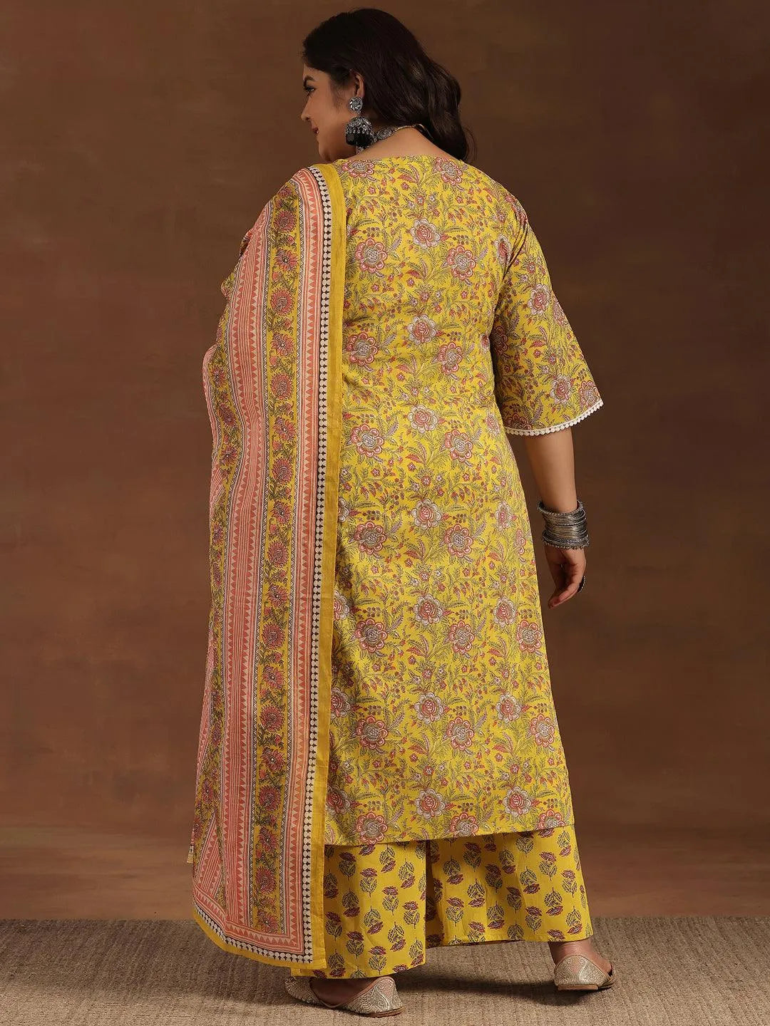 Plus Size Yellow Printed Cotton Straight Suit With Dupatta - Libas 