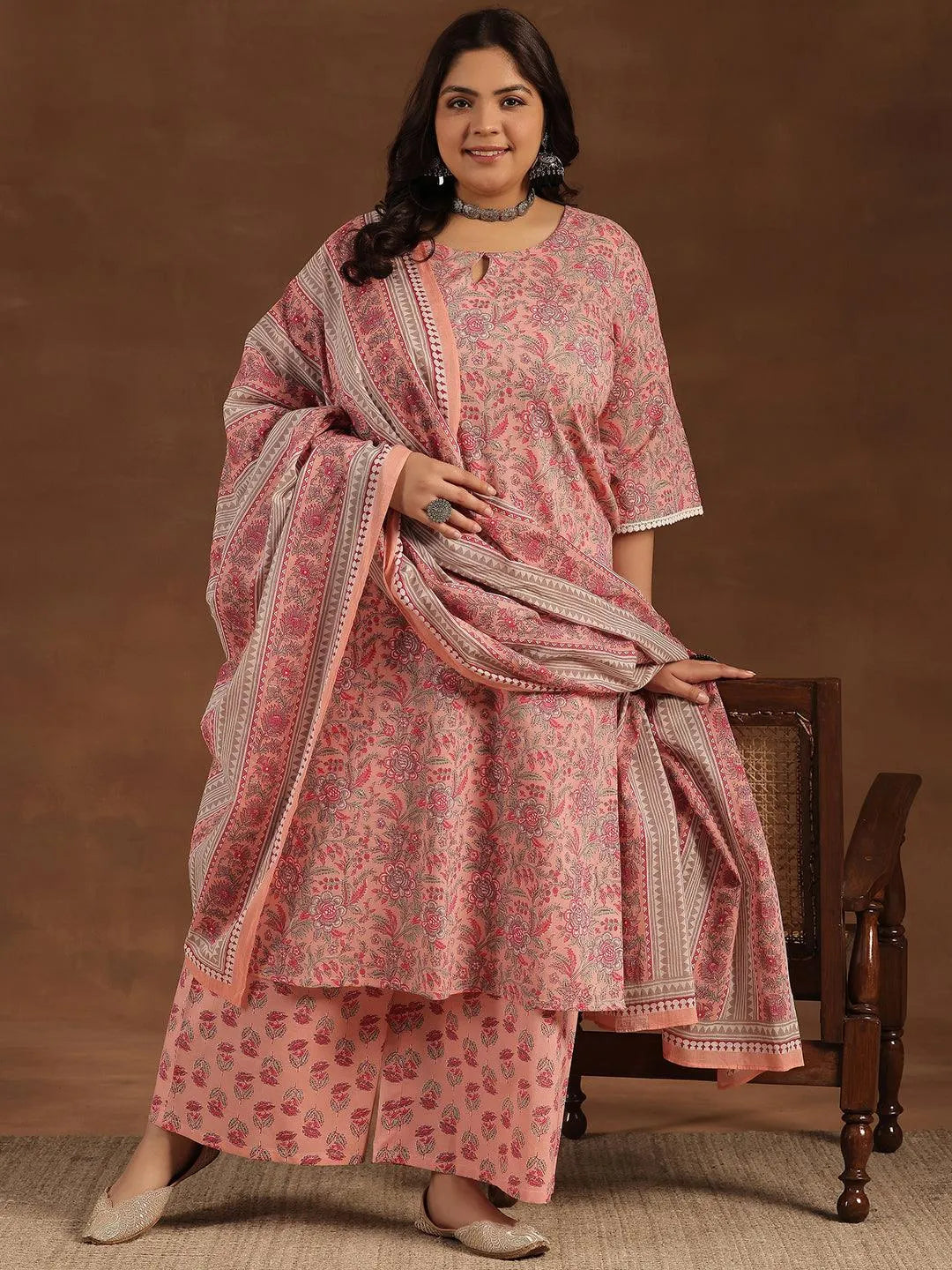 Plus Size Pink Printed Cotton Straight Suit With Dupatta - Libas