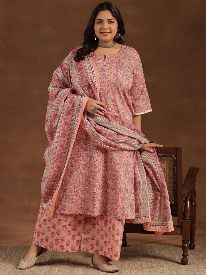 Plus Size Pink Printed Cotton Straight Suit With Dupatta - Libas
