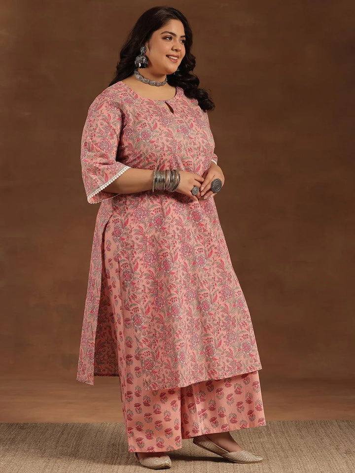 Plus Size Pink Printed Cotton Straight Suit With Dupatta - Libas