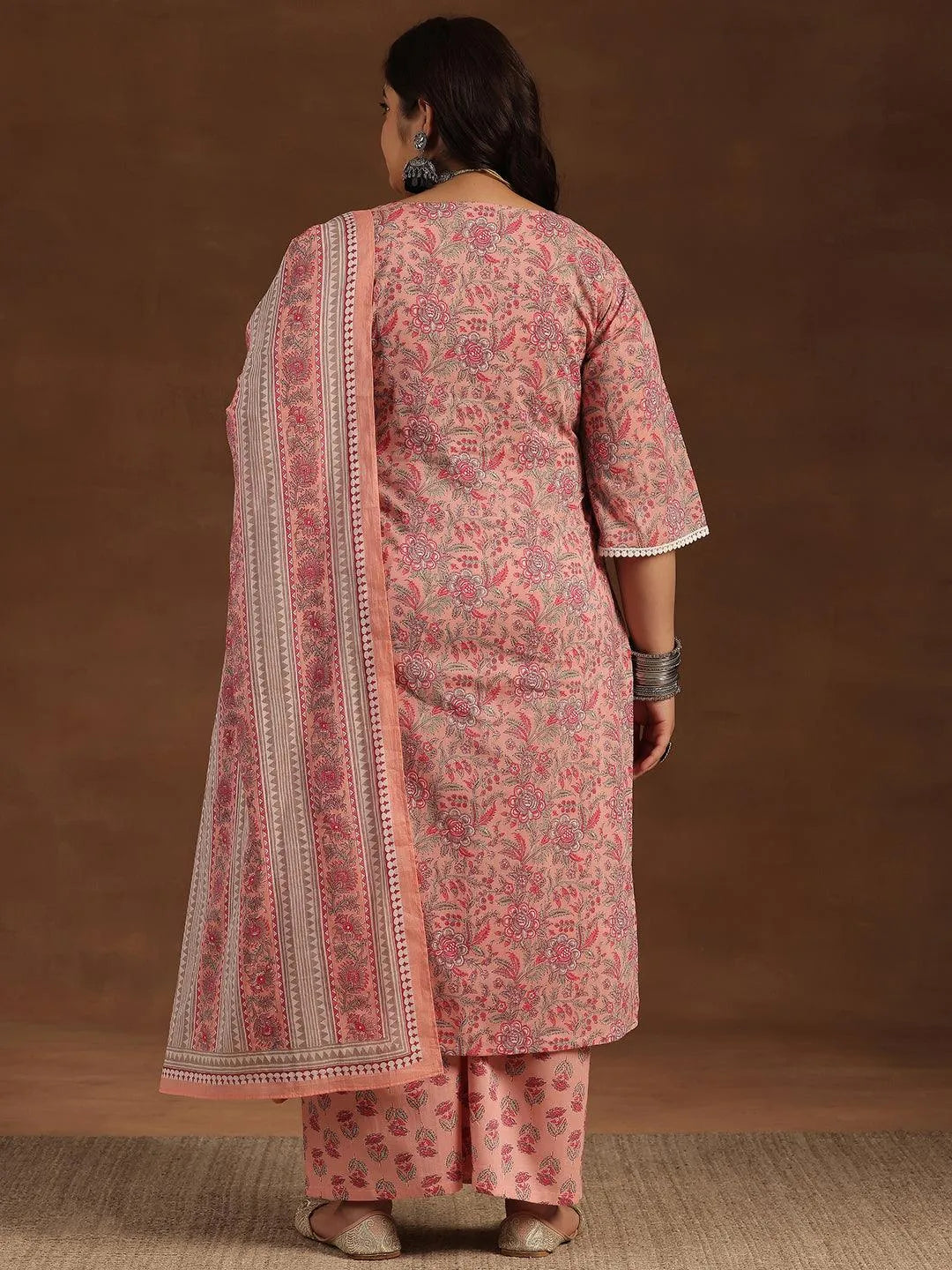 Plus Size Pink Printed Cotton Straight Suit With Dupatta - Libas 