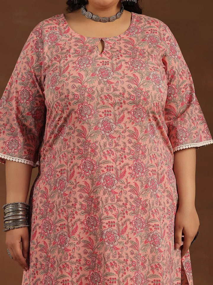 Plus Size Pink Printed Cotton Straight Suit With Dupatta - Libas