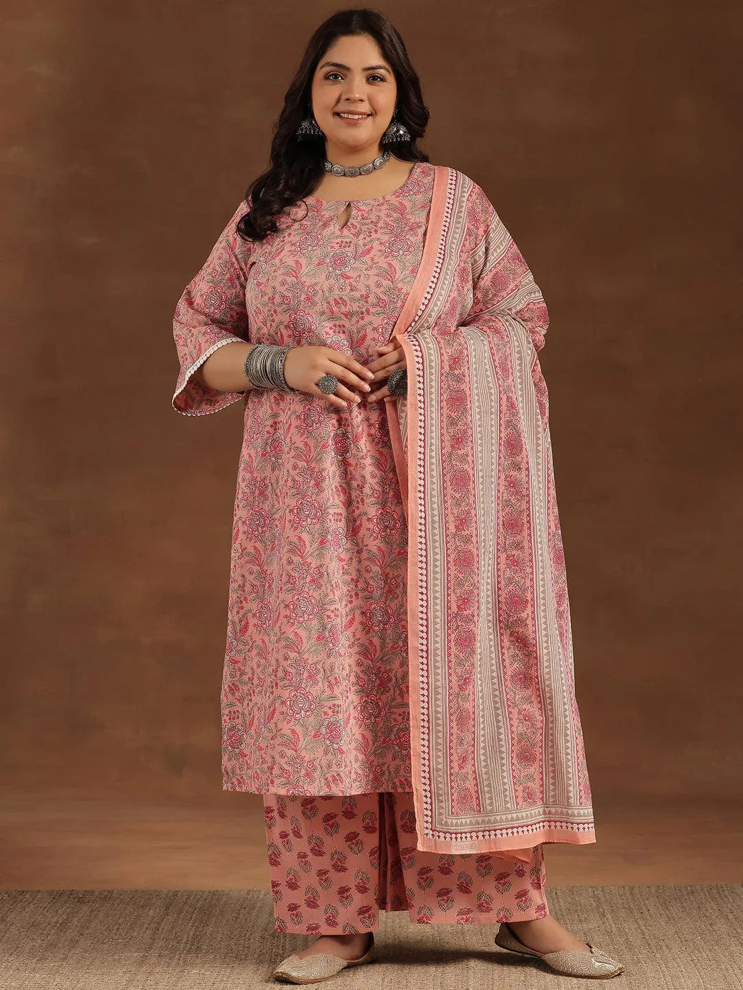 Plus Size Pink Printed Cotton Straight Suit With Dupatta - Libas 