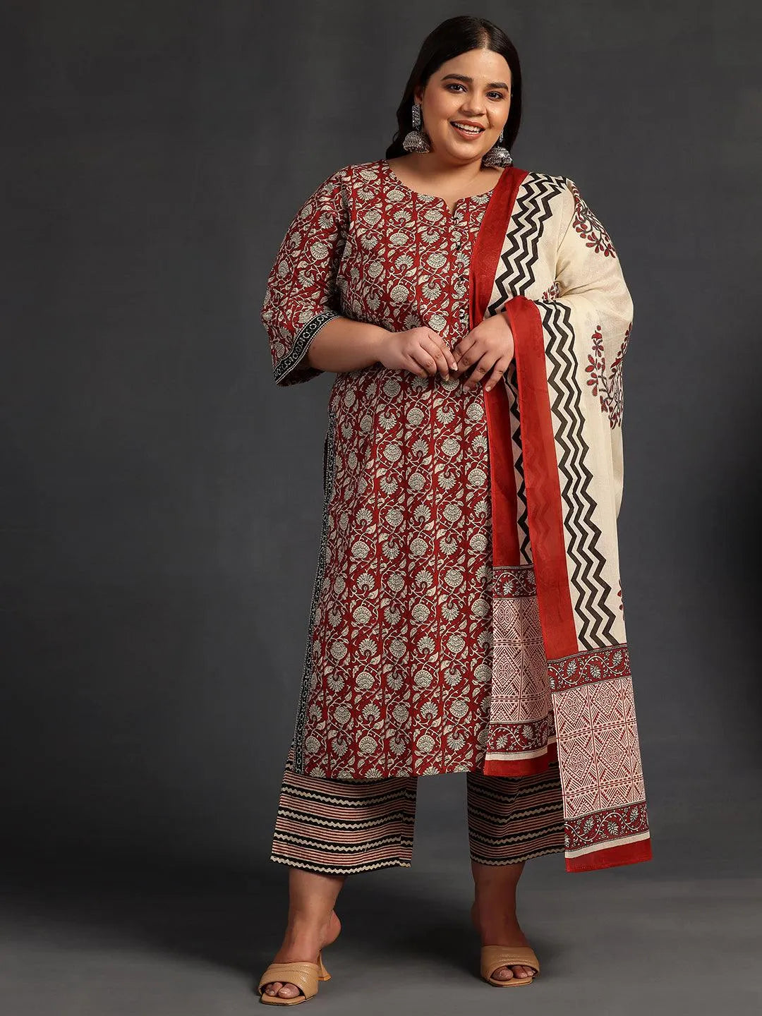 Plus Size Maroon Printed Cotton Straight Suit With Dupatta - Libas 