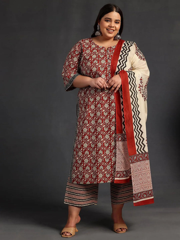 Plus Size Maroon Printed Cotton Straight Suit With Dupatta - Libas