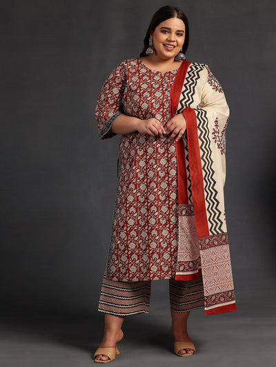 Plus Size Maroon Printed Cotton Straight Suit With Dupatta - Libas