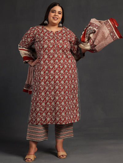 Plus Size Maroon Printed Cotton Straight Suit With Dupatta - Libas