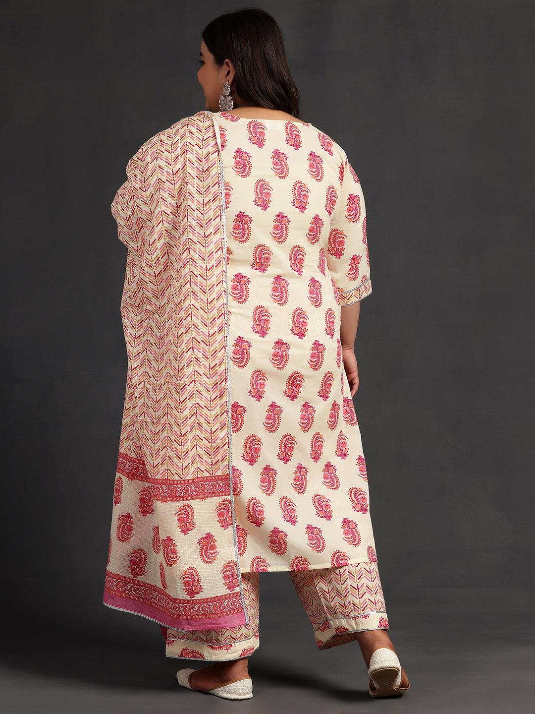 Plus Size Cream Printed Cotton Straight Suit With Dupatta - Libas