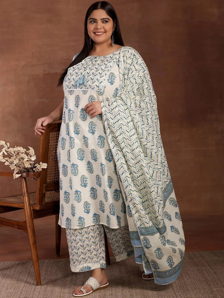 Plus Size Cream Printed Cotton Straight Suit With Dupatta - Libas