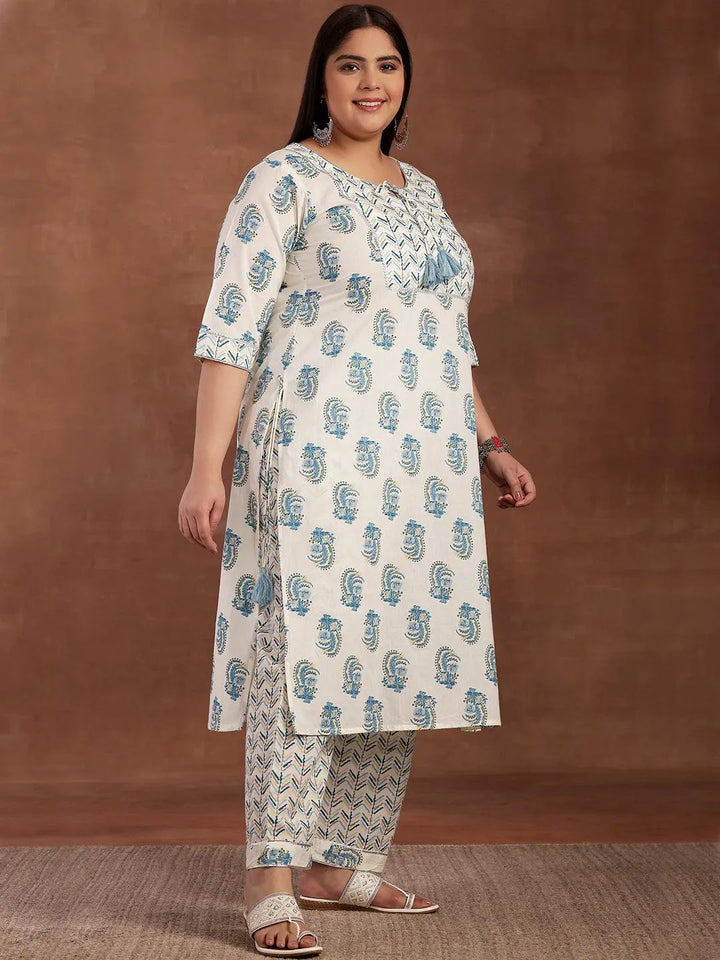 Plus Size Cream Printed Cotton Straight Suit With Dupatta - Libas