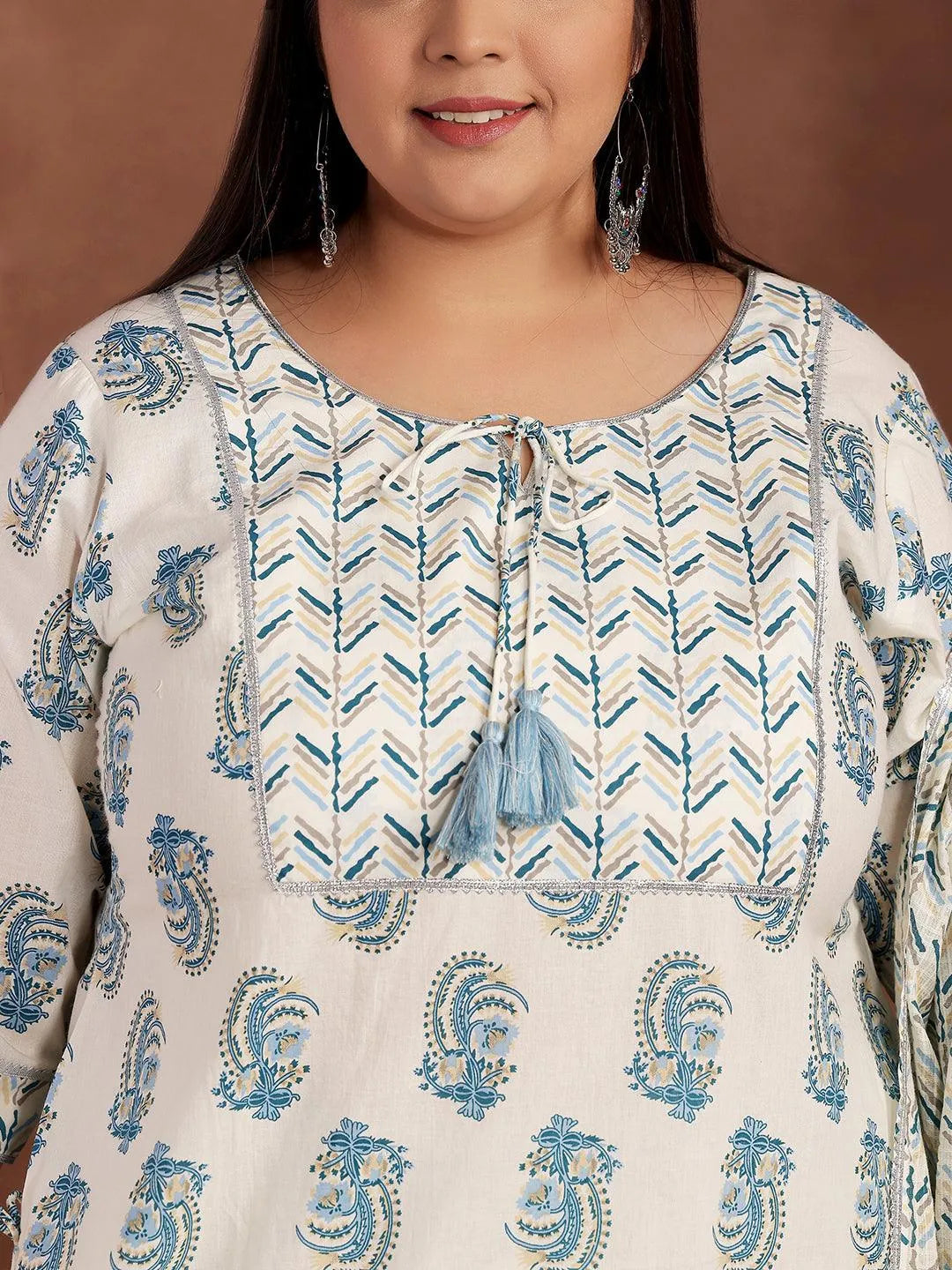 Plus Size Cream Printed Cotton Straight Suit With Dupatta - Libas 