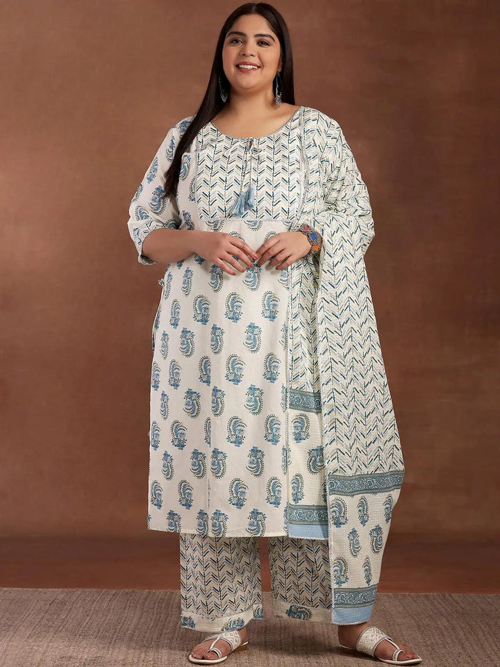 Plus Size Cream Printed Cotton Straight Suit With Dupatta - Libas