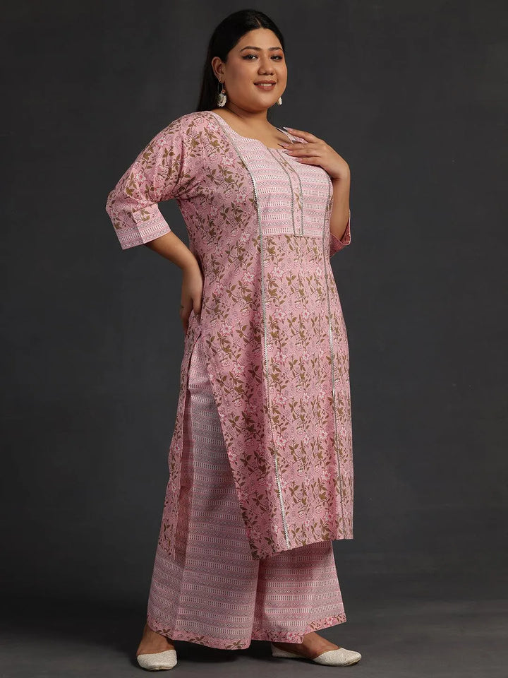 Plus Size Pink Yoke Design Cotton Straight Suit With Dupatta - Libas