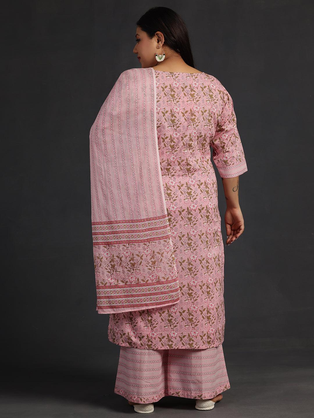 Plus Size Pink Yoke Design Cotton Straight Suit With Dupatta - Libas