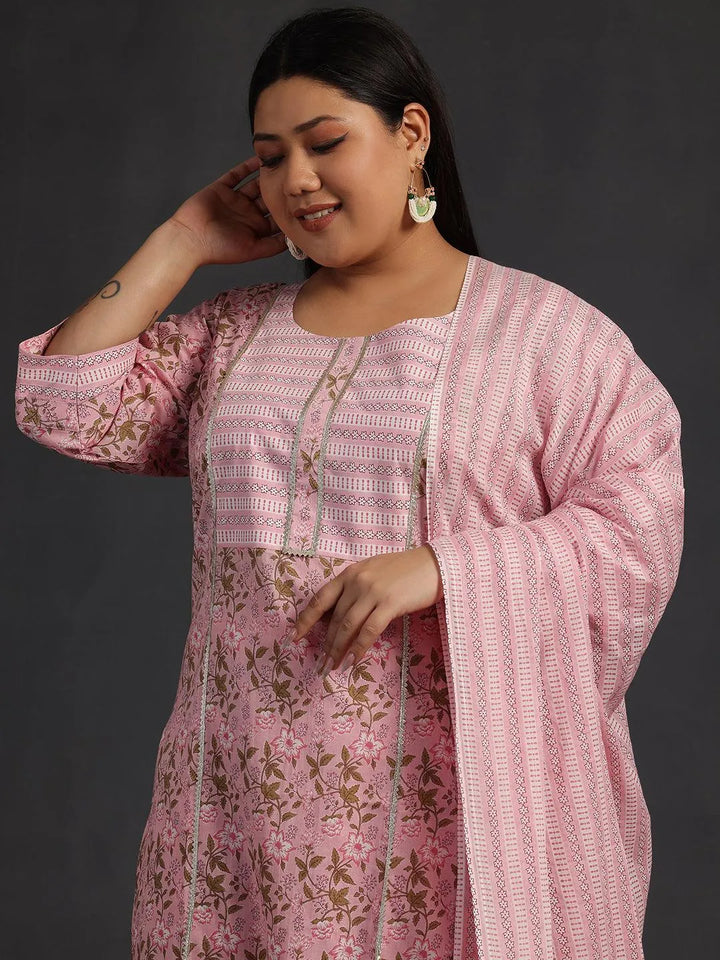 Plus Size Pink Yoke Design Cotton Straight Suit With Dupatta - Libas