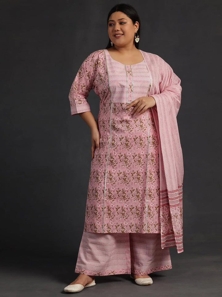 Plus Size Pink Yoke Design Cotton Straight Suit With Dupatta - Libas
