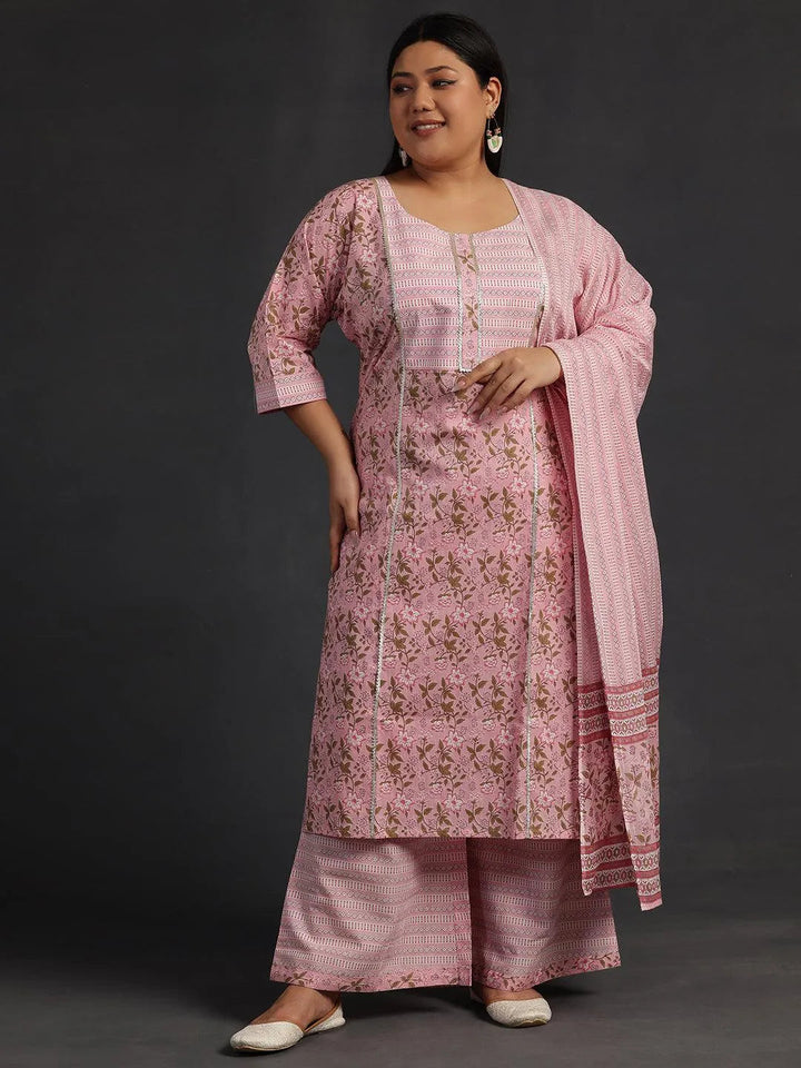 Plus Size Pink Yoke Design Cotton Straight Suit With Dupatta - Libas