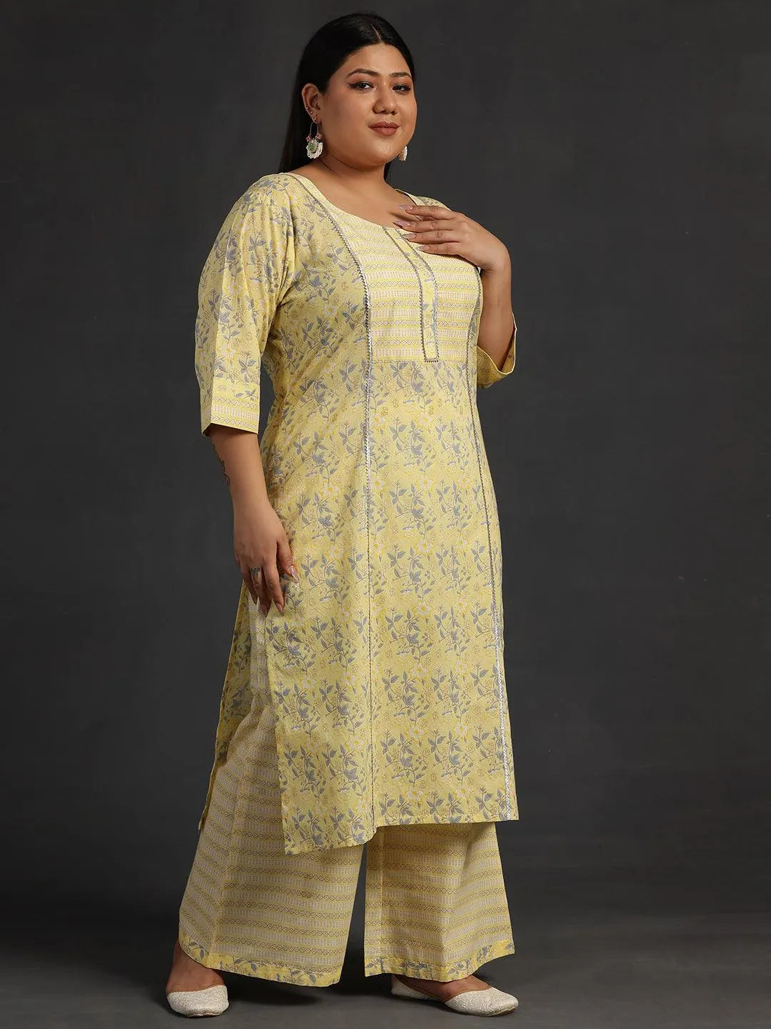 Plus Size Yellow Printed Cotton Straight Suit With Dupatta - Libas 